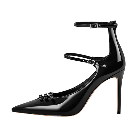 Pointed Toe Multi-Buckle Ankle Strap Stiletto Pumps - Onlymaker