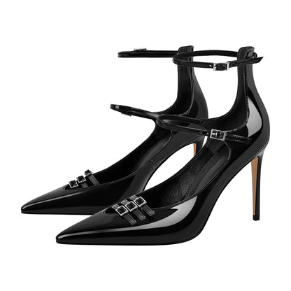 Pointed Toe Multi-Buckle Ankle Strap Stiletto Pumps - Onlymaker