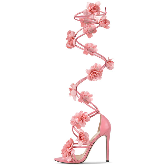 Pointed Toe Flower Strappy Lace-up Sandals - Onlymaker