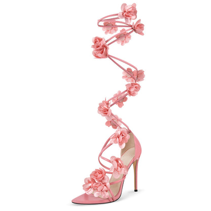 Pointed Toe Flower Strappy Lace-up Sandals - Onlymaker