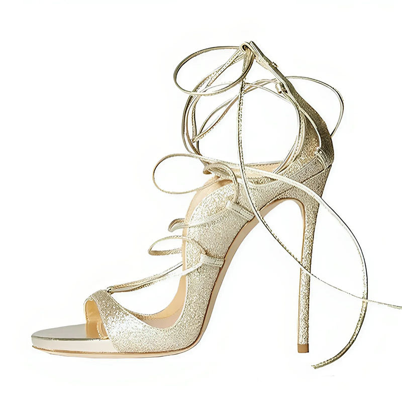 Round Toe Gladiator Lace-up Stiletto Sandals - Onlymaker