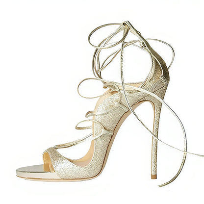 Round Toe Gladiator Lace-up Stiletto Sandals - Onlymaker