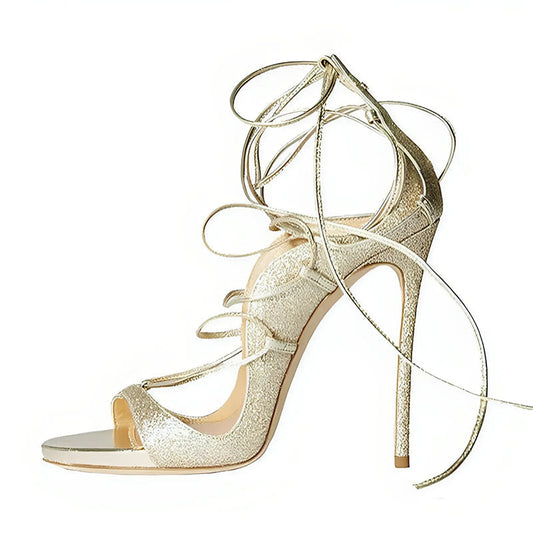 Round Toe Gladiator Lace-up Stiletto Sandals - Onlymaker