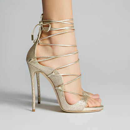 Round Toe Gladiator Lace-up Stiletto Sandals - Onlymaker