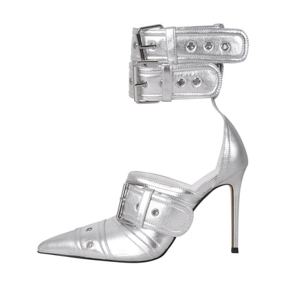 Double Buckle Strap Pointed Toe Stiletto Pumps - Onlymaker