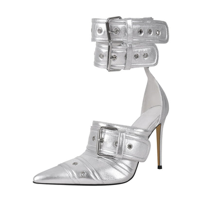 Double Buckle Strap Pointed Toe Stiletto Pumps - Onlymaker