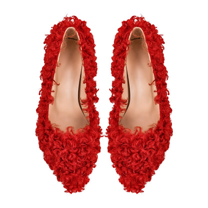 Fluffy Pointed Toe Stiletto High Heel Pumps - Onlymaker