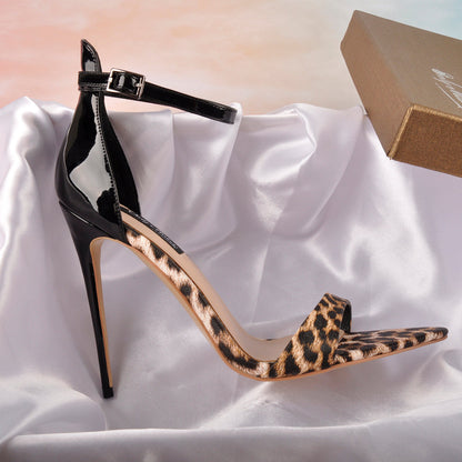Pointy Open Toe Leopard Ankle Sandals - Onlymaker