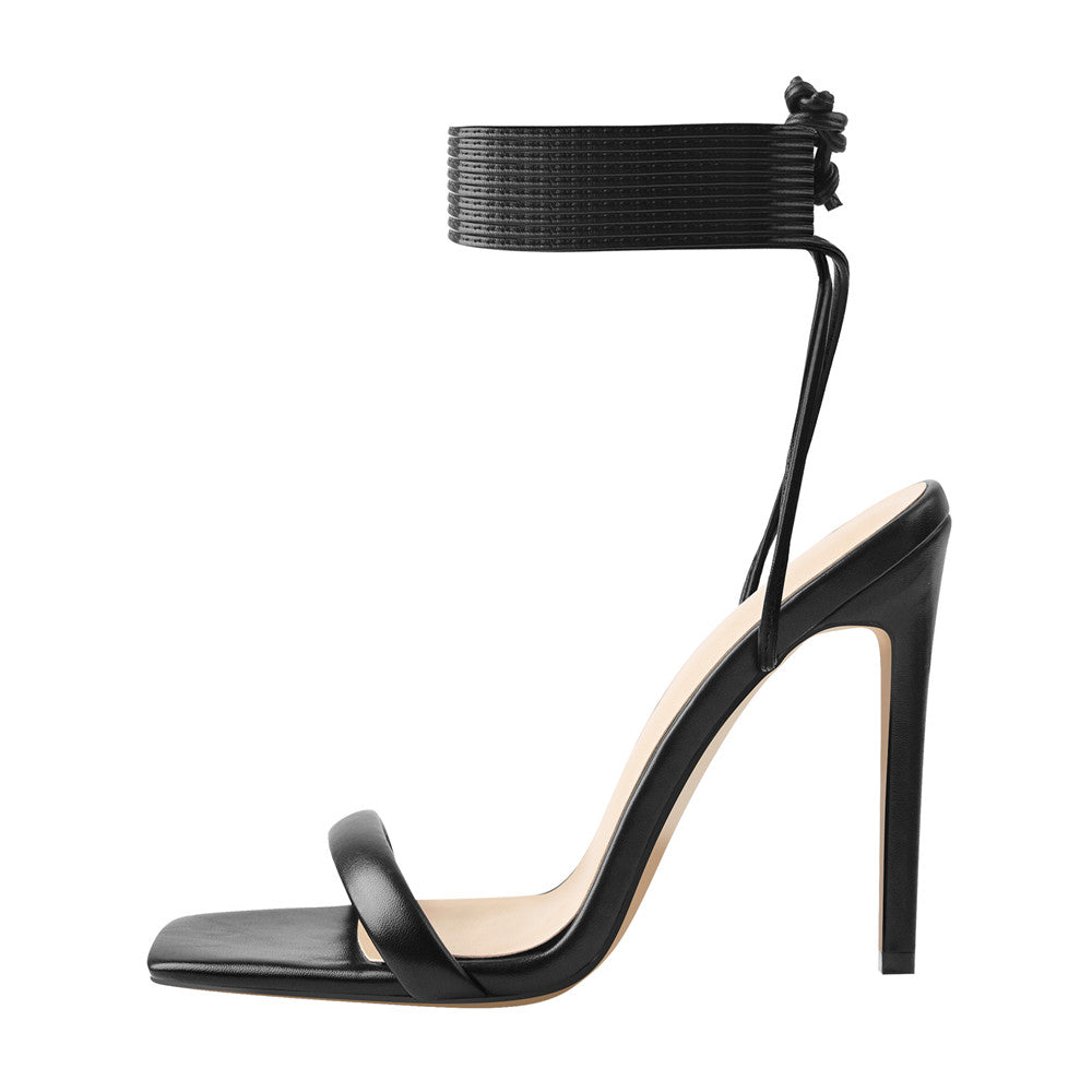 Black Square Toe Stilettos High Heel Sandals - Onlymaker