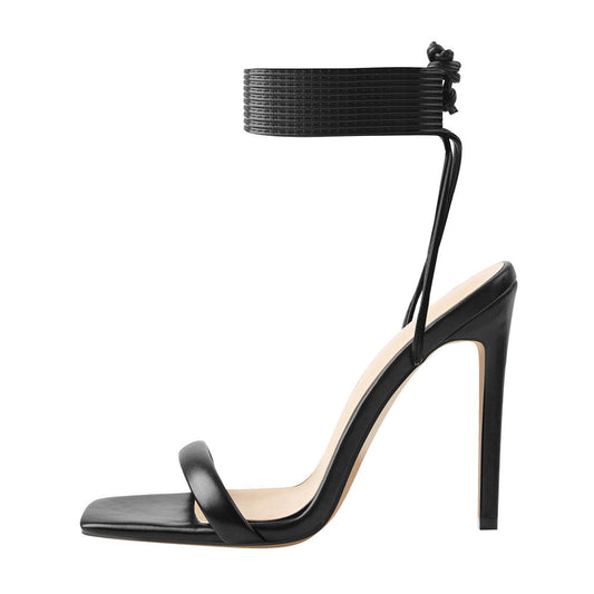 Black Square Toe Stilettos High Heel Sandals - Onlymaker