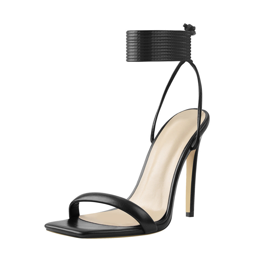 Black Square Toe Stilettos High Heel Sandals - Onlymaker