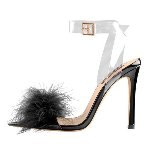 Black Feather High Heel Clear Strap Stilettos Sandals - Onlymaker