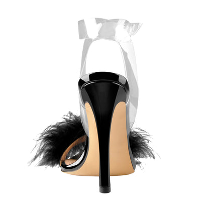 Black Feather High Heel Clear Strap Stilettos Sandals - Onlymaker