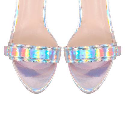Platform Round Open Toe Holographic Ankle Strap Sandals - Onlymaker
