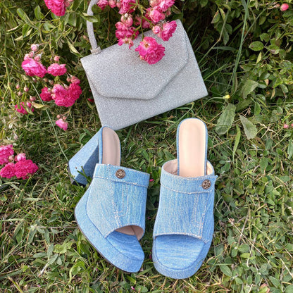 Denim Round Toe Platform Chunky Heel Sandals - Onlymaker