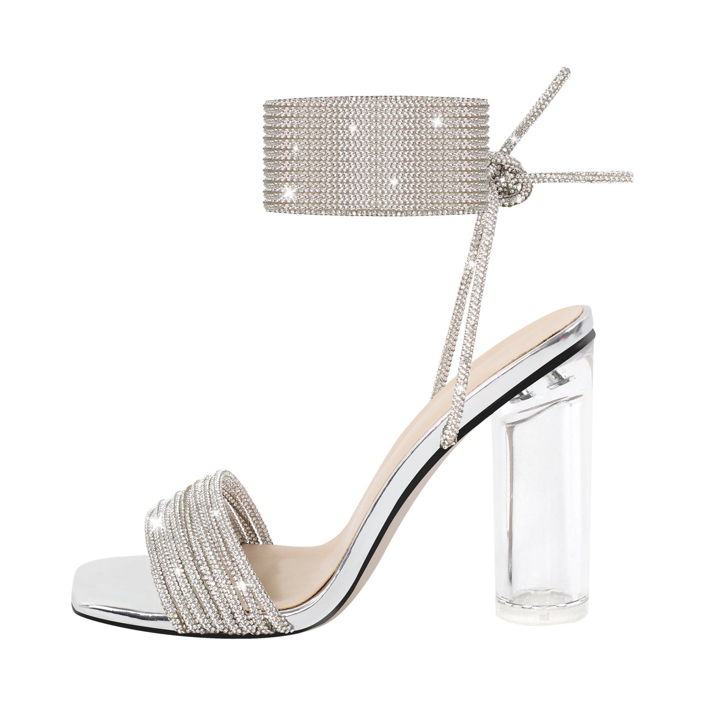 Strap Rhinestone Clear Chunky Heel Lace-up Sandals - Onlymaker