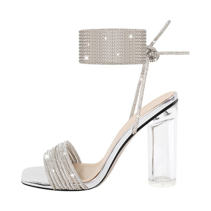 Strap Rhinestone Clear Chunky Heel Lace-up Sandals - Onlymaker