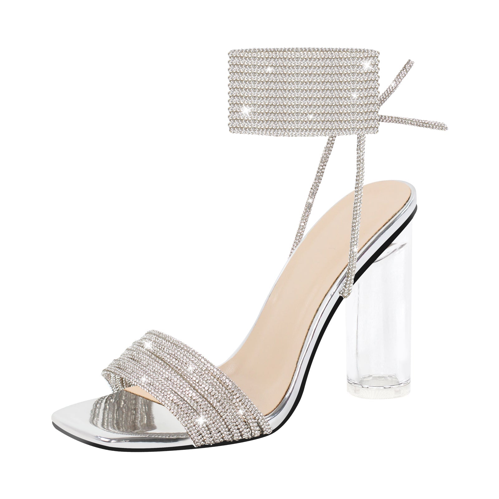 Strap Rhinestone Clear Chunky Heel Lace-up Sandals - Onlymaker