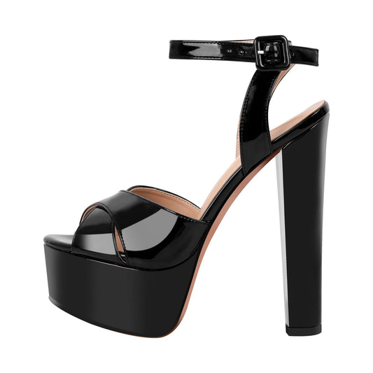 Black Platform Chunky Heel Ankle Strap Sandals - Onlymaker