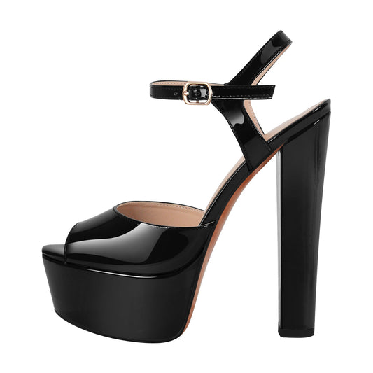 Peep Toe Platform Buckle Strap Chunky Heel Sandals - Onlymaker