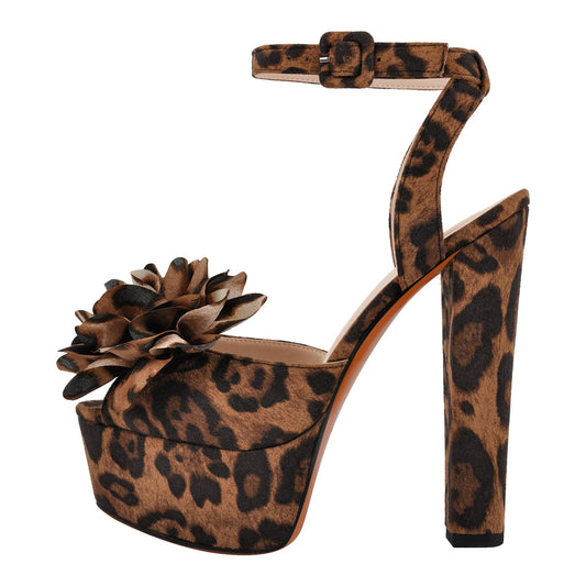 Leopard Platform Flower Ankle Strap Sandals - Onlymaker