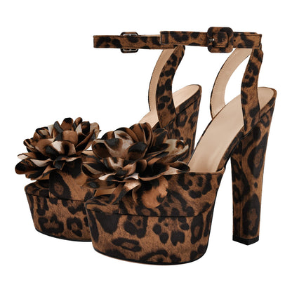 Leopard Platform Flower Ankle Strap Sandals - Onlymaker