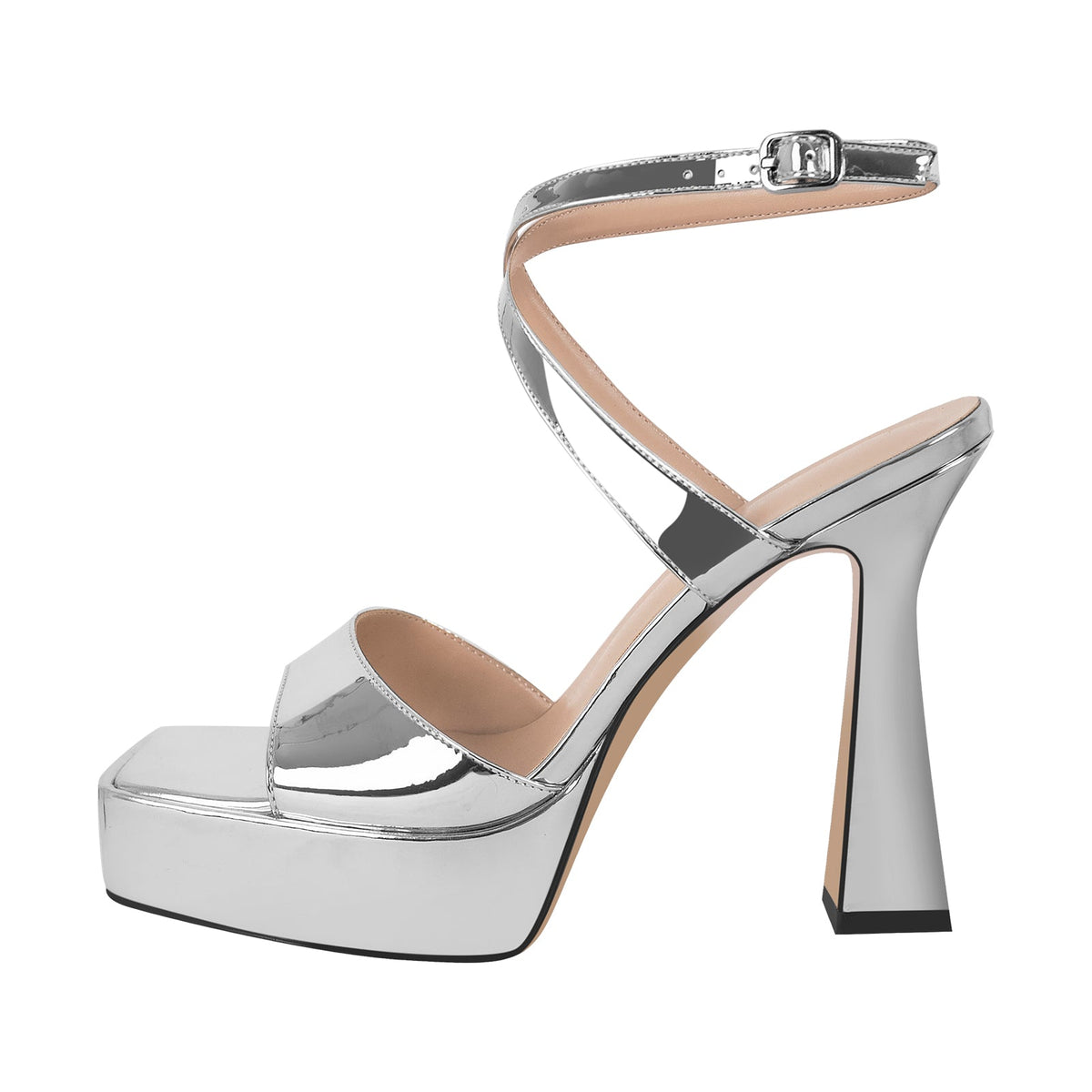 Square Toe Ankle Strap Silver Sandals - Onlymaker