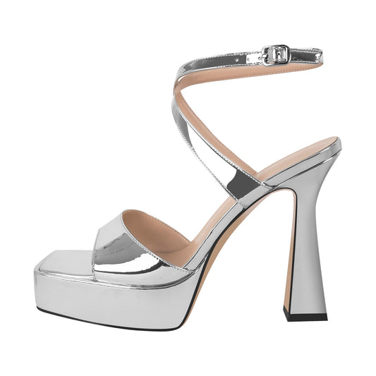 Square Toe Ankle Strap Silver Sandals - Onlymaker