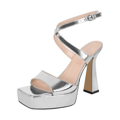 Square Toe Ankle Strap Silver Sandals - Onlymaker