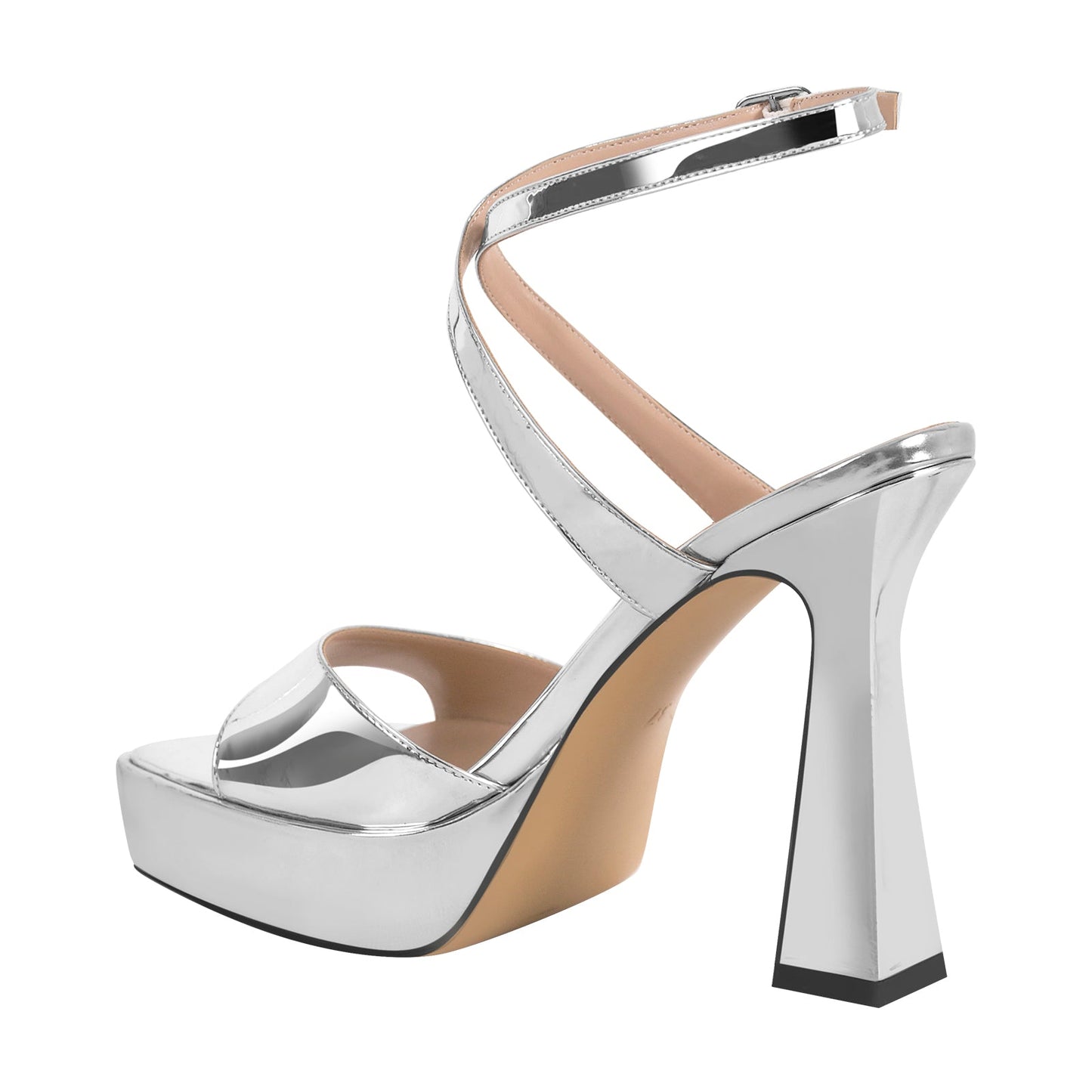 Square Toe Ankle Strap Silver Sandals - Onlymaker