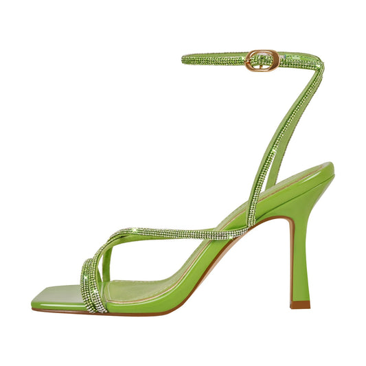 Square Toe Rhinestone Ankle Strap Stiletto Sandals - Onlymaker