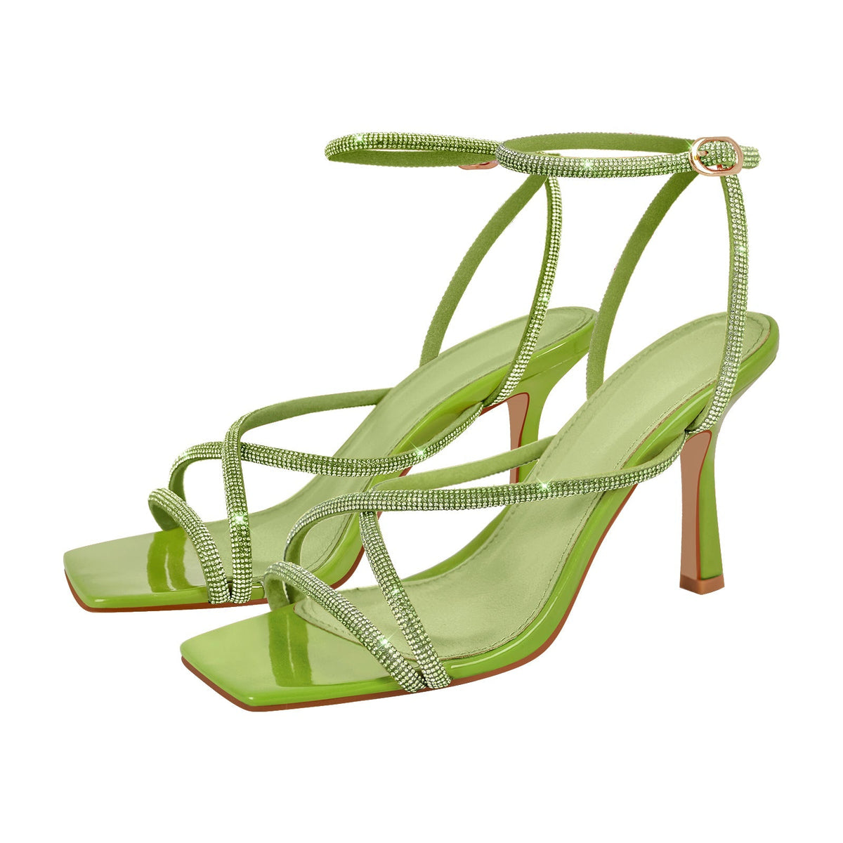 Square Toe Rhinestone Ankle Strap Stiletto Sandals - Onlymaker