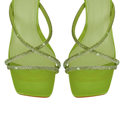 Square Toe Rhinestone Ankle Strap Stiletto Sandals - Onlymaker