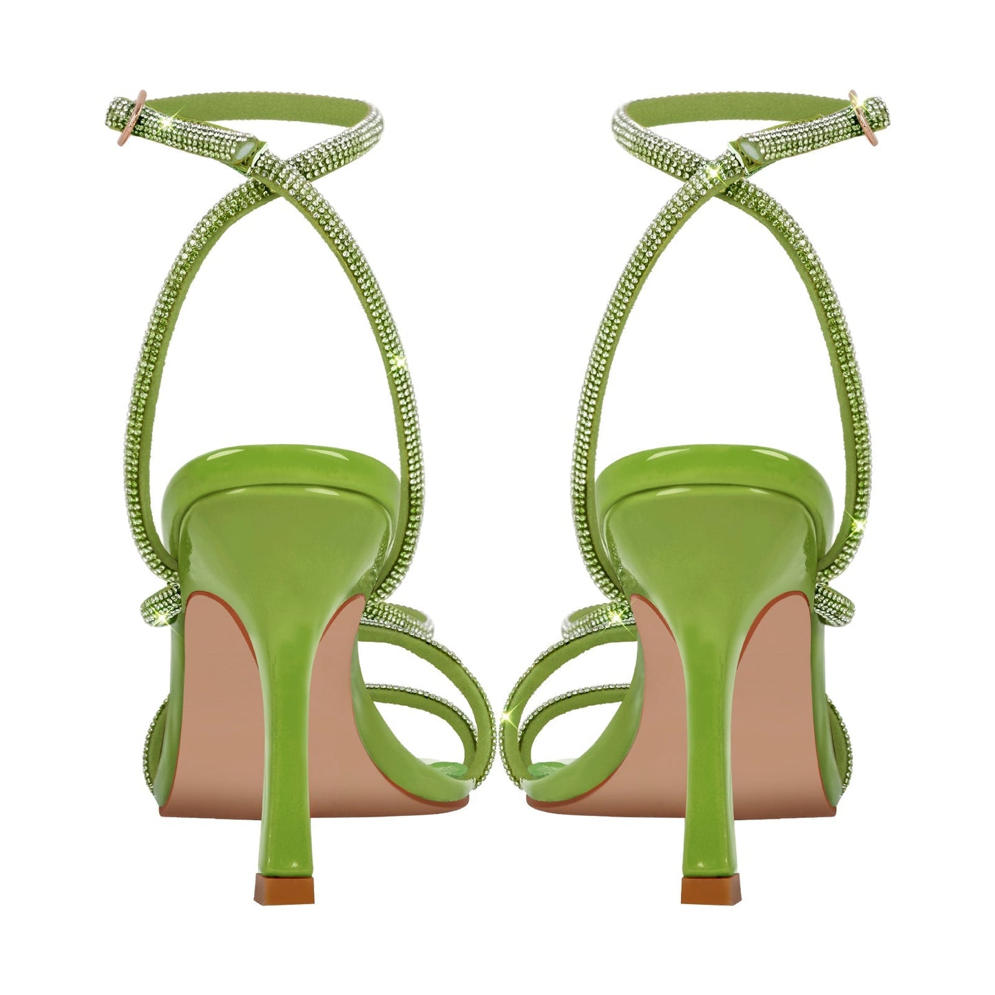 Square Toe Rhinestone Ankle Strap Stiletto Sandals - Onlymaker
