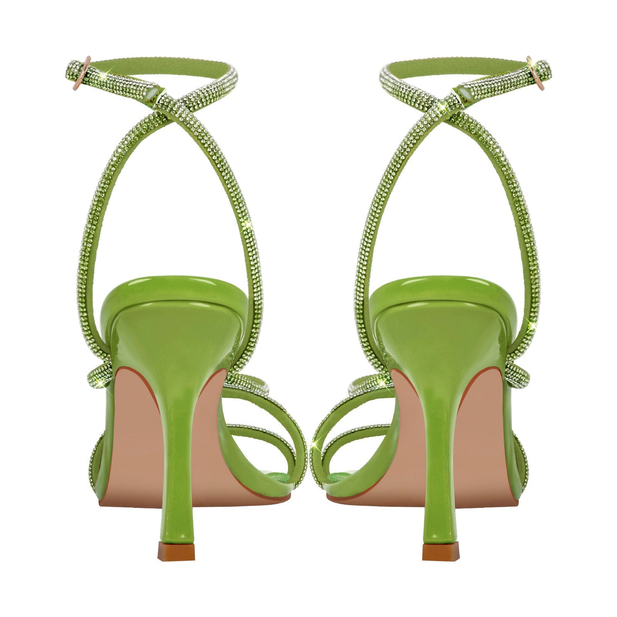 Square Toe Rhinestone Ankle Strap Stiletto Sandals - Onlymaker