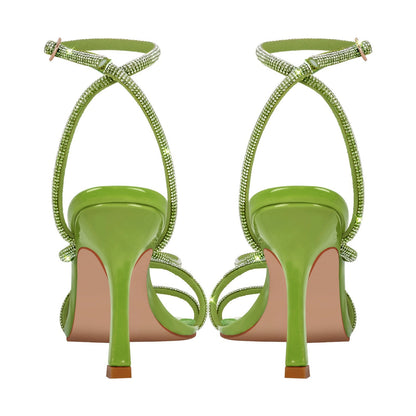 Square Toe Rhinestone Ankle Strap Stiletto Sandals - Onlymaker