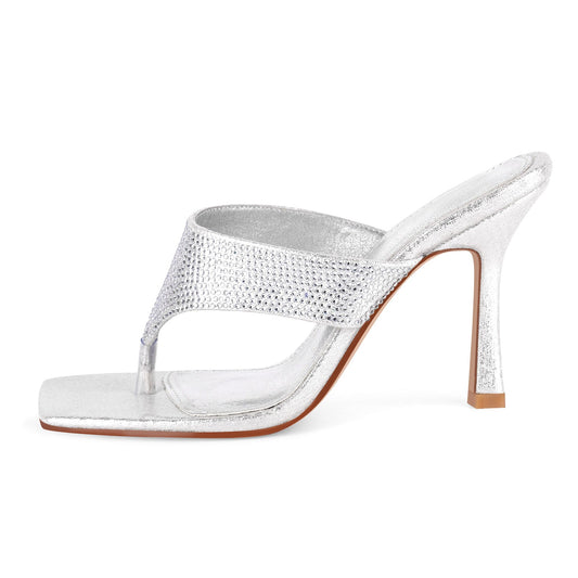 Square Toe Rhinestone Flip Flops Sandals - Onlymaker