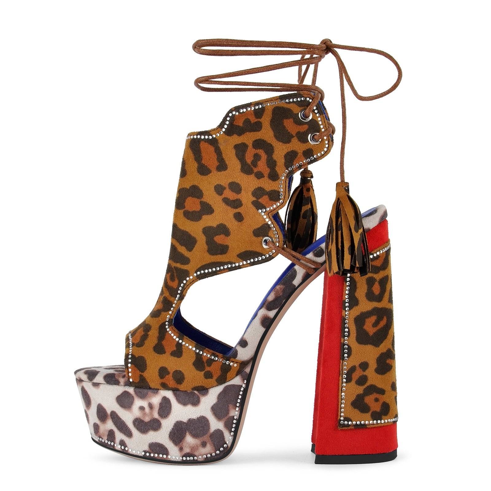 Leopard Rhinestone Tassel Lace-up Platform Sandals - Onlymaker