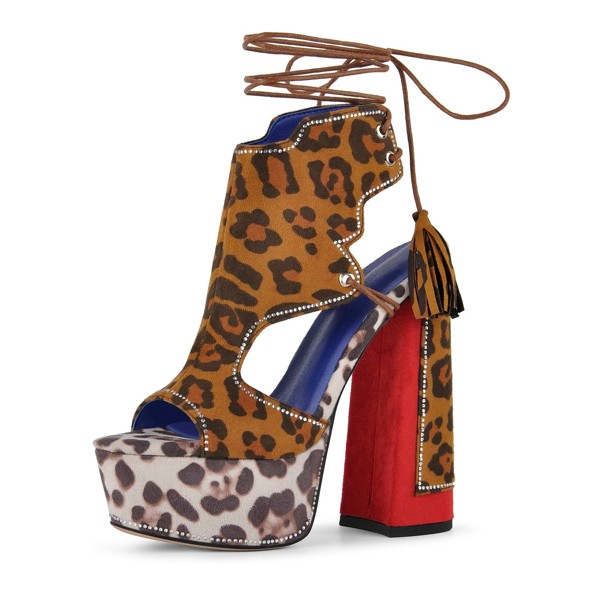 Leopard Rhinestone Tassel Lace-up Platform Sandals - Onlymaker