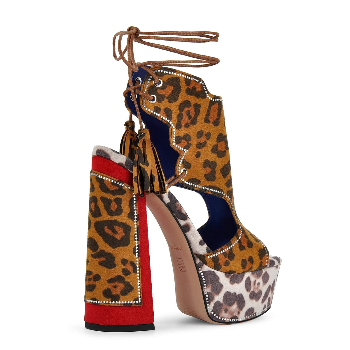 Leopard Rhinestone Tassel Lace-up Platform Sandals - Onlymaker