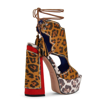Leopard Rhinestone Tassel Lace-up Platform Sandals - Onlymaker