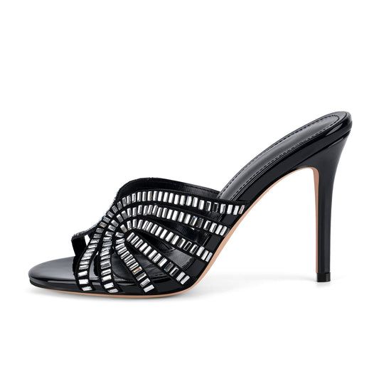 Round Toe Rhinestone Stiletto Mules - Onlymaker
