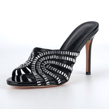 Round Toe Rhinestone Stiletto Mules - Onlymaker