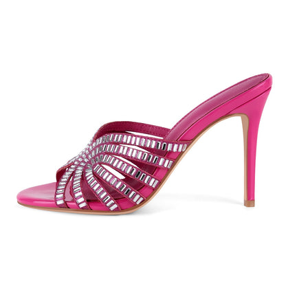 Round Toe Rhinestone Stiletto Mules - Onlymaker