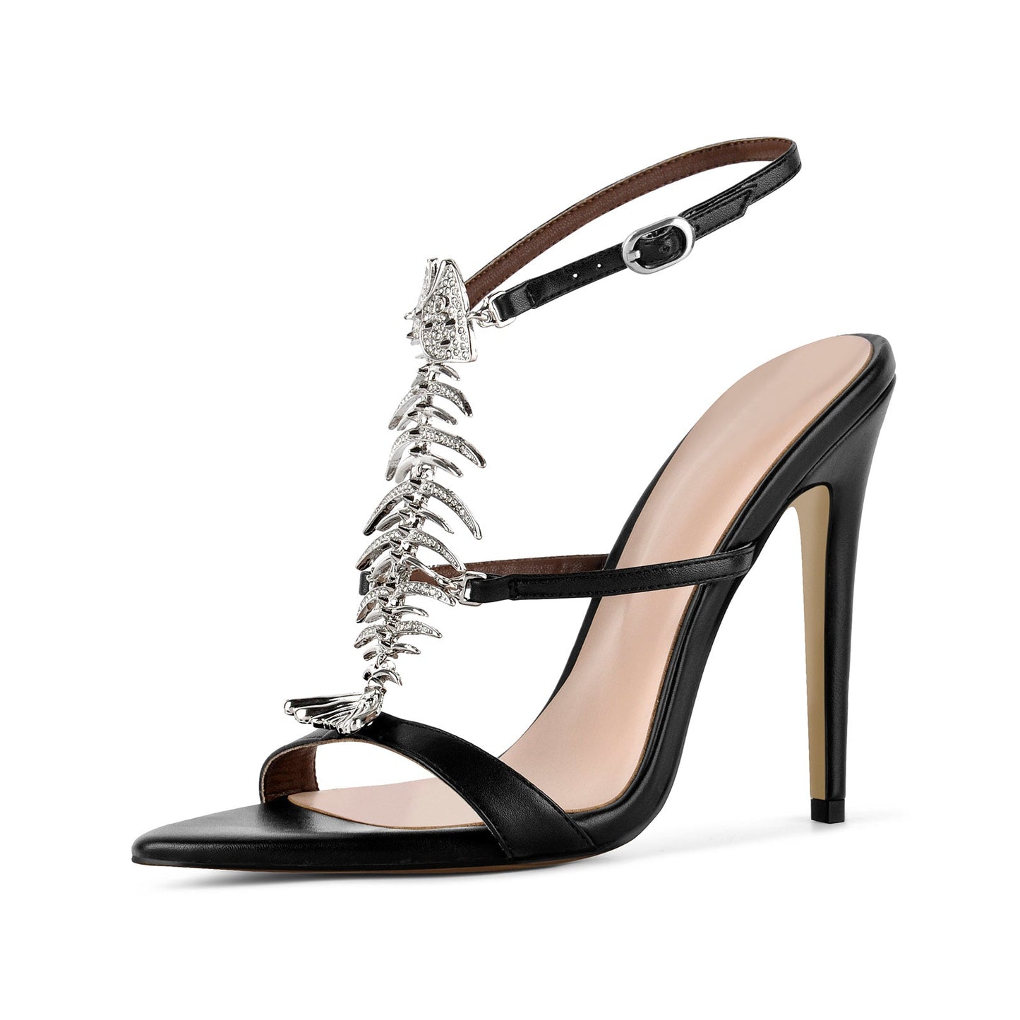 Pointed Toe Metal Fishbone Rhinestone Ankle Strap Sandals - Onlymaker