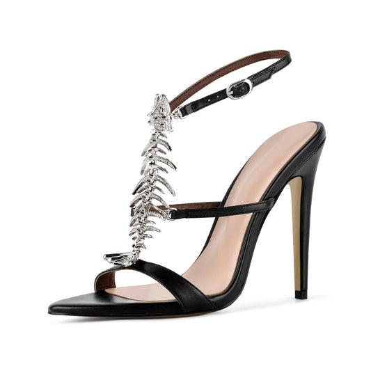 Pointed Toe Metal Fishbone Rhinestone Ankle Strap Sandals - Onlymaker
