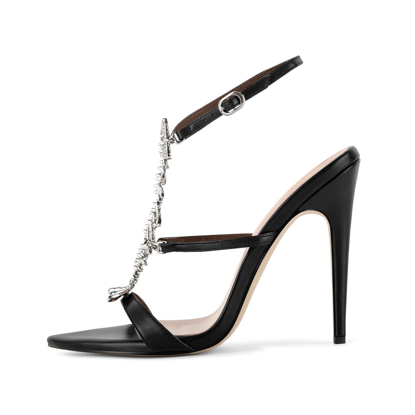 Pointed Toe Metal Fishbone Rhinestone Ankle Strap Sandals - Onlymaker