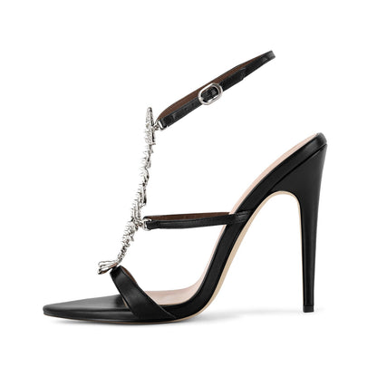 Pointed Toe Metal Fishbone Rhinestone Ankle Strap Sandals - Onlymaker