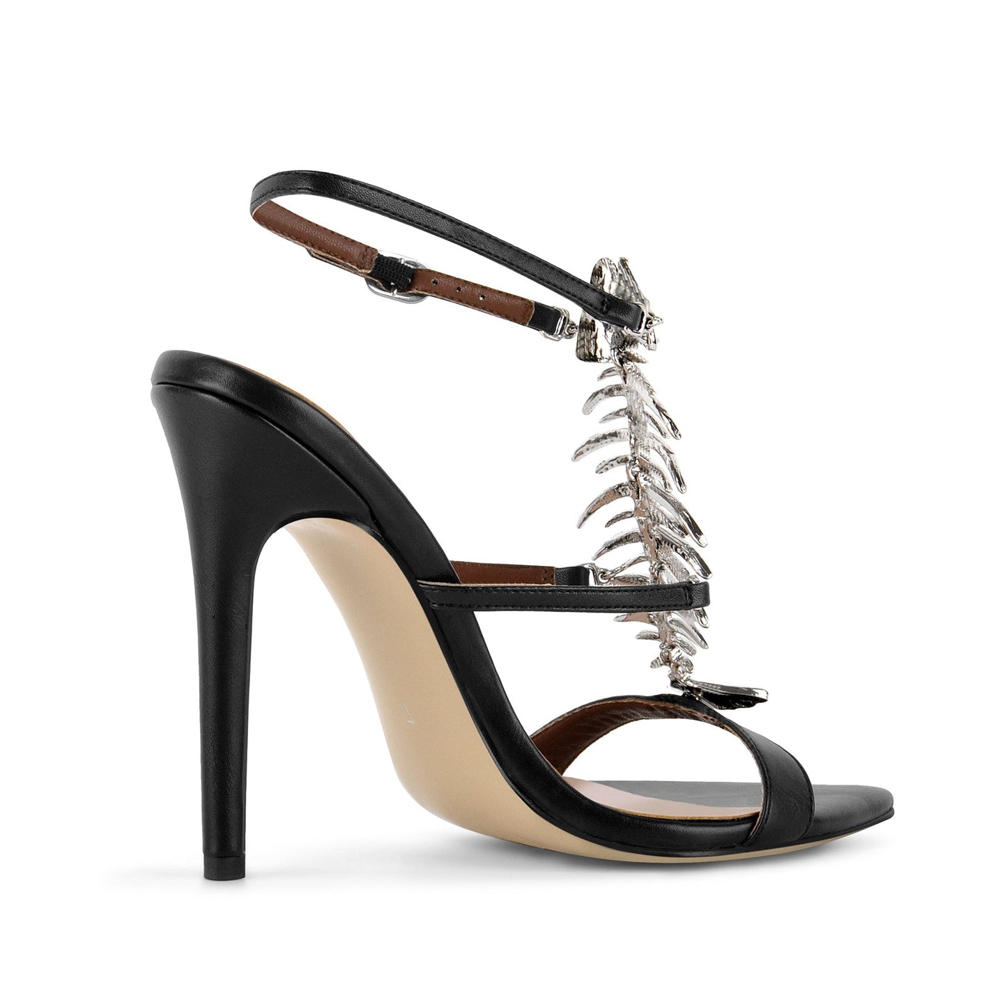 Pointed Toe Metal Fishbone Rhinestone Ankle Strap Sandals - Onlymaker