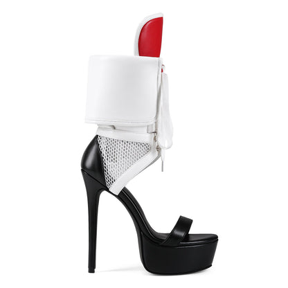 Platform Cutout Mesh Lace-up Ankle Cuff Bootie Sandals - Onlymaker